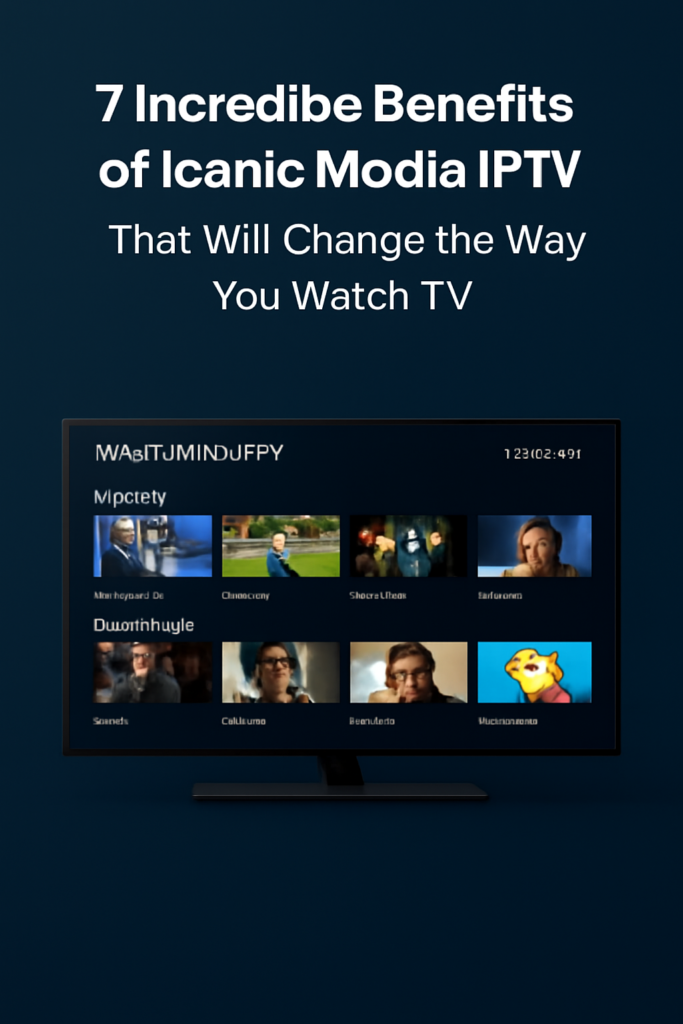 Iconic Media IPTV interface displaying multiple live TV channels and on-demand content on a smart TV screen
